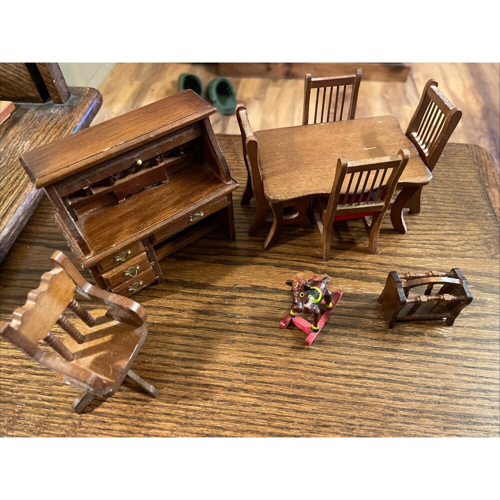 Vtg Dollhouse Miniature Wooden Dining Table 4 Chairs Roll Top Rocking Horse Lot